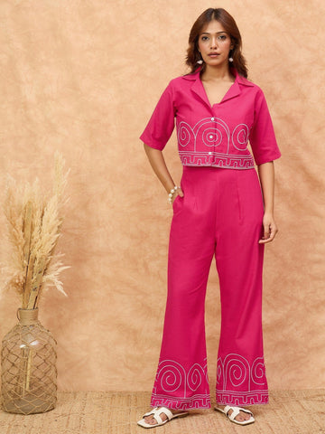 thread embroidered crop shirt with trouser